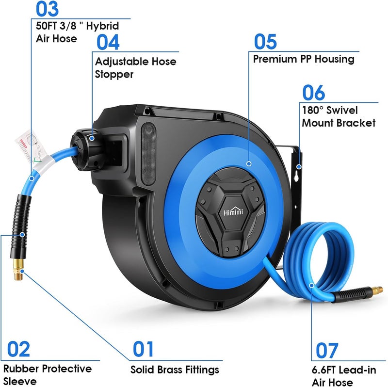 Himimi 50FT + 6.6FT Retractable Air Hose Reel, Ceiling/Wall Mount Penumatic Hose Reel for Garage Workshop, Auto Rewind, 3/8" x 50' Hybrid Air Hose Reel with Brass Fittings + Bend Restrictors, 300PSI - Image 2